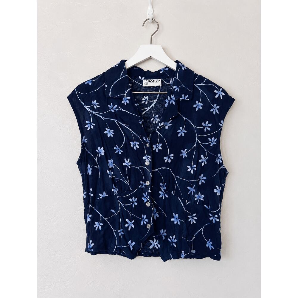 Vintage Banjo Dallas Navy Floral Rayon Crop Button Front Top Women’s L USA